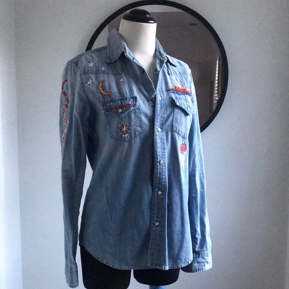 MOTHER Denim Embroidered Shirt - Blue - Picture 1 of 11